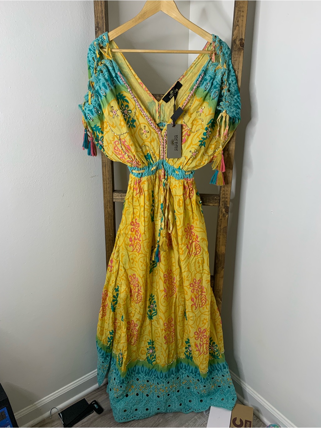 Papa Pia Boho Yellow & Teal Maxi Dress With Tassel Waist Size M